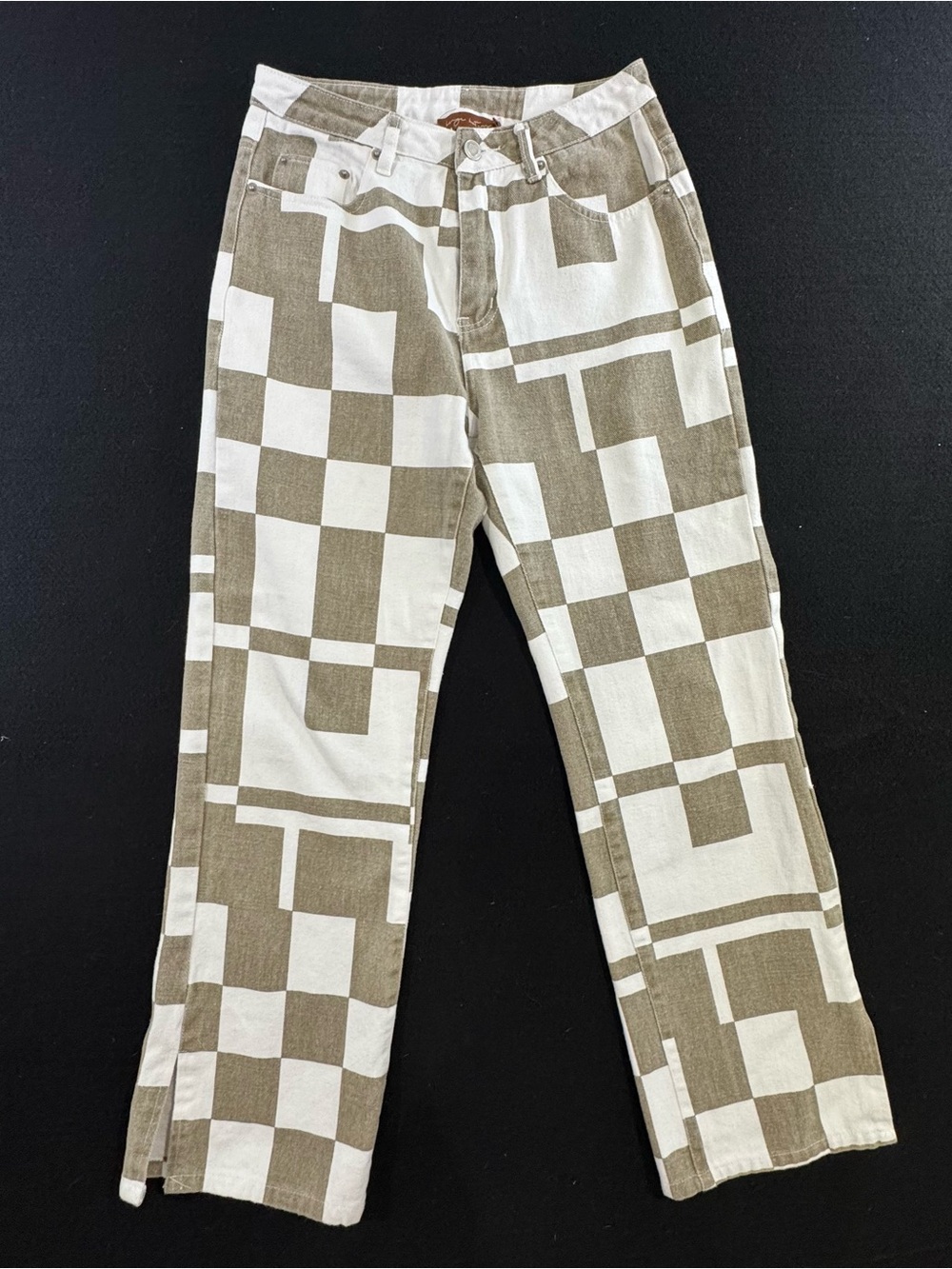 Checkerboard Wide-Leg Pants in White and Tan
